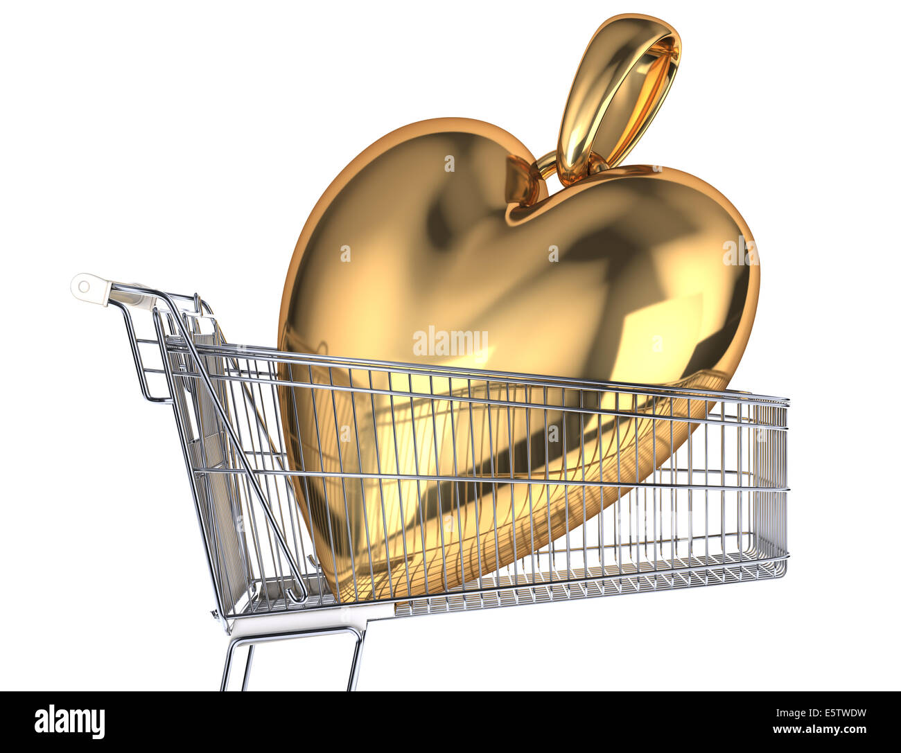 Einkaufswagen mit einem sehr großen gold Herzanhänger drin. Seitenansicht, auf weißem Hintergrund. Stockfoto