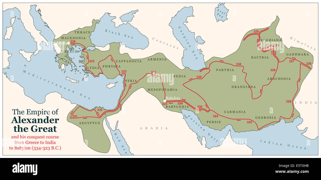 Eroberung Kurs von Alexander dem großen aus Griechenland, Indien, Babylon in 334-323 v. Chr. mit wichtigen Provinzen seines Reiches. Stockfoto