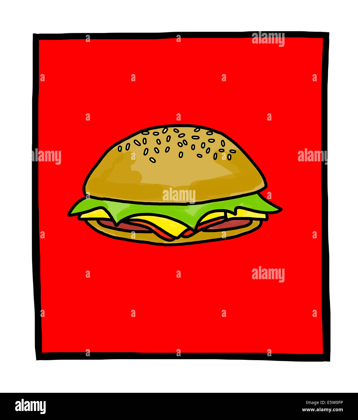 Abbildung: ein Käse Burger in einem sesambrötchen auf rotem Hintergrund Stockfoto