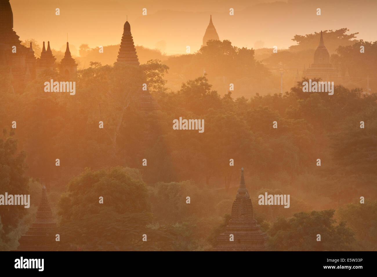 Warmen Abendlicht taucht die Zentralebene der alten buddhistischen Tempel in Bagan, Birma (Myanmar) Stockfoto