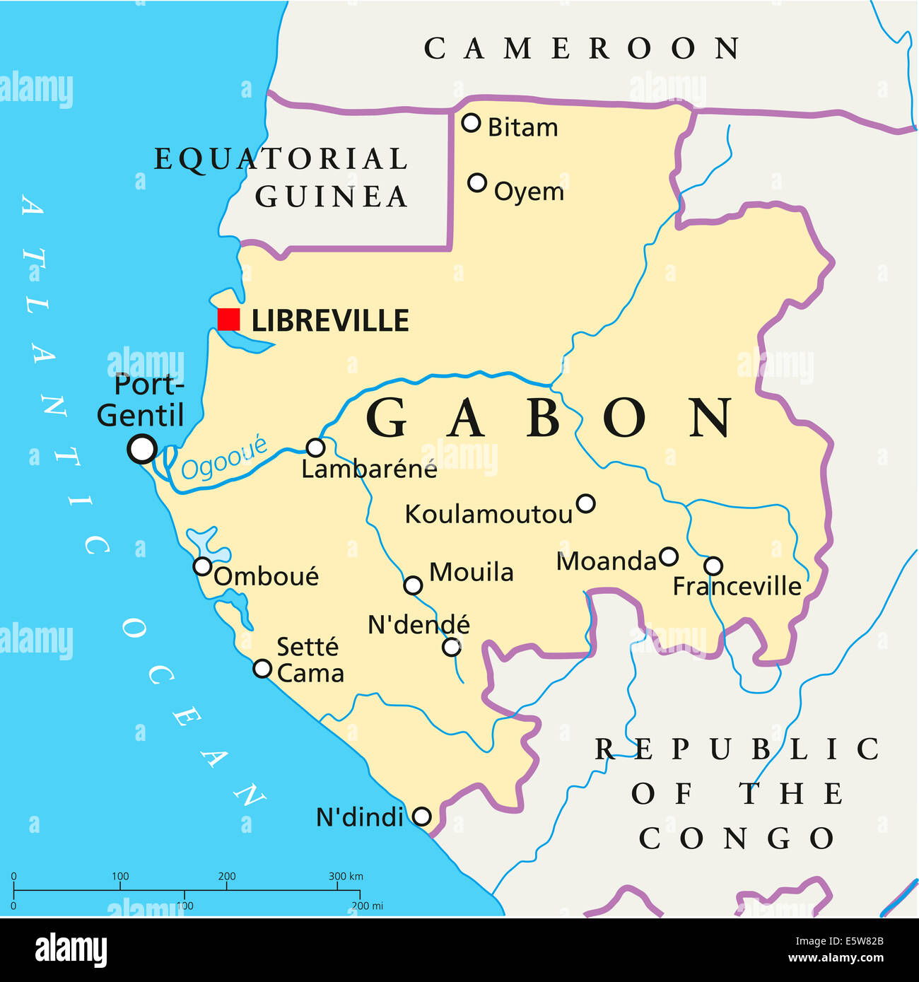 Gabun politische Karte mit Hauptstadt Libreville, Landesgrenzen, die wichtigsten Städte, Flüsse und See mit englischer Beschriftung. Stockfoto