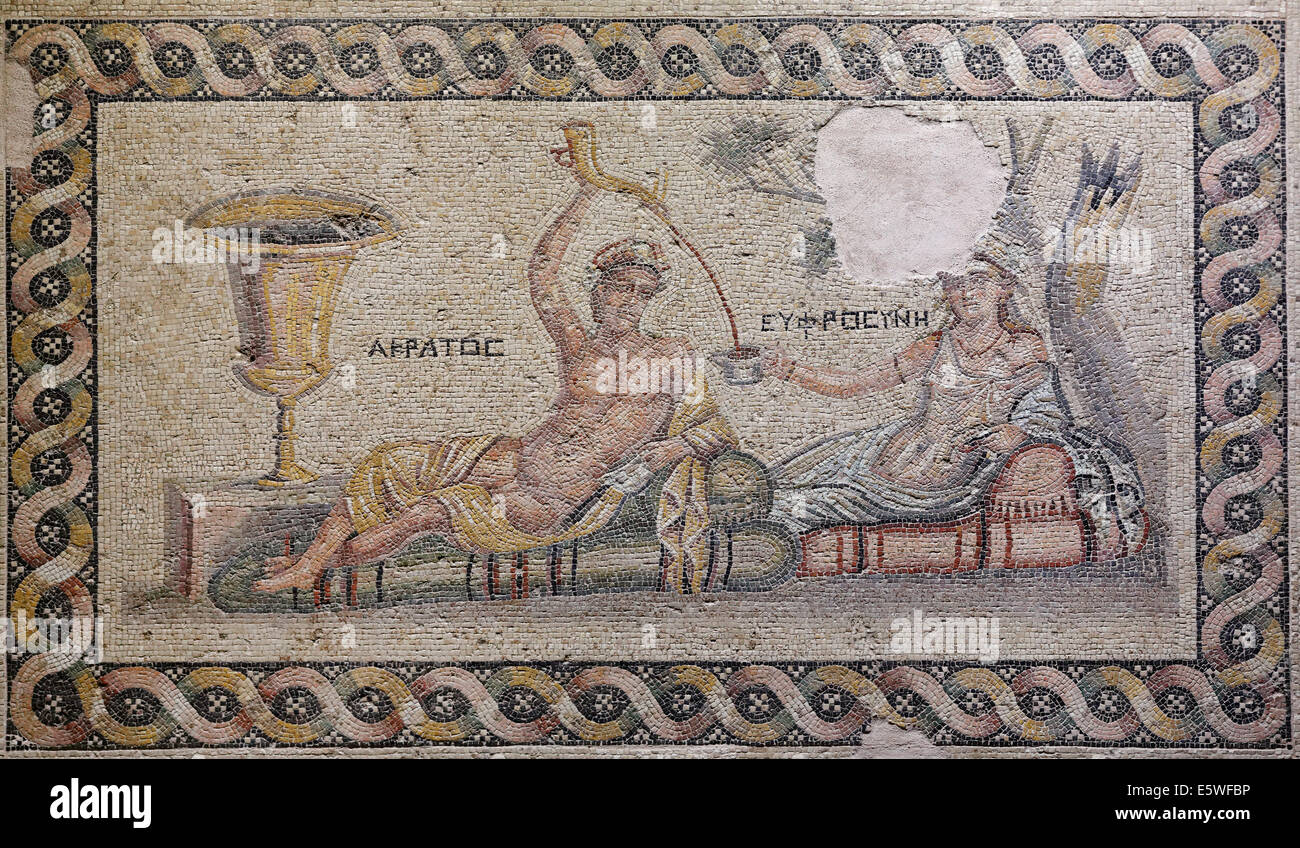 Mosaik, Akratos und Euphrosyne, Zeugma Mosaik-Museum, Gaziantep, Südost-Anatolien-Region, Südostanatolien, Türkei Stockfoto