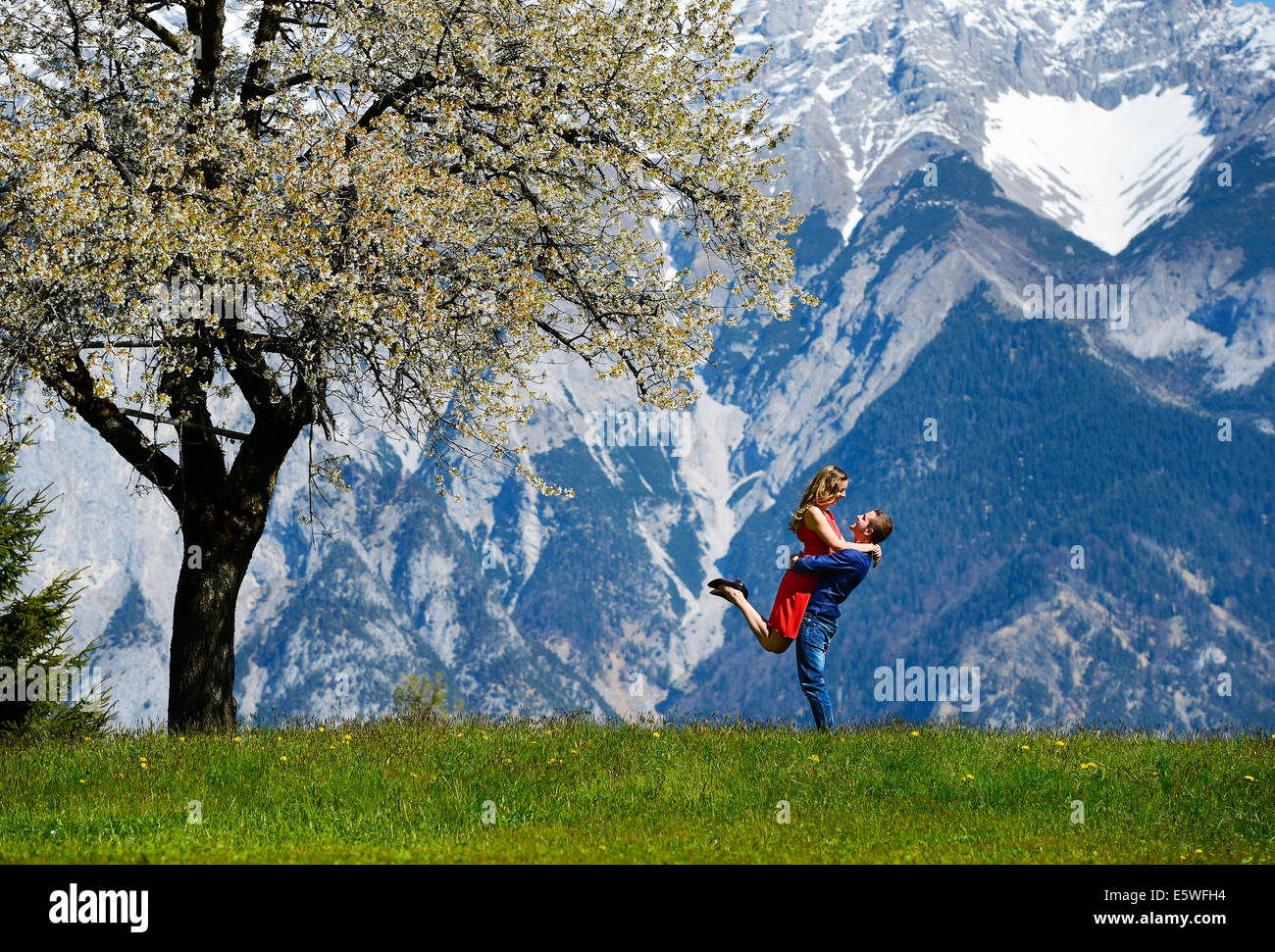 Liebhaber umarmt neben einem blühenden Baum im Frühling, Berge auf der Rückseite, Tirol, Österreich Stockfoto