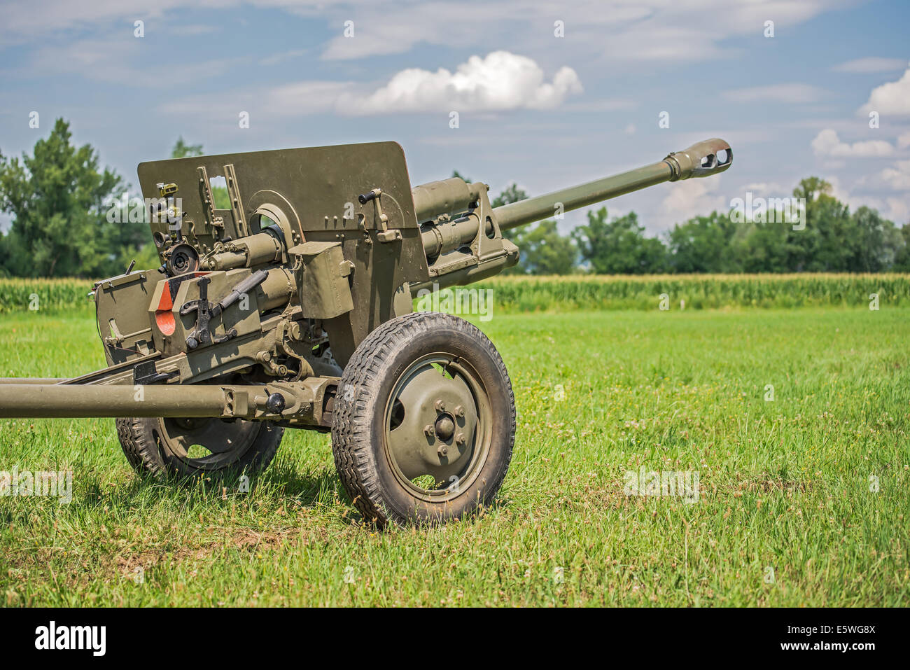 Kanone aus dem zweiten Weltkrieg auf einem Schlachtfeld Stockfoto