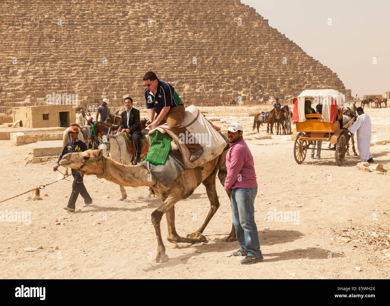 Pyramiden, Ägypten - Touristen auf einem Kamel mit Pferd und Wagen warten auf Touristen durch die große Pyramide von Gizeh Stockfoto