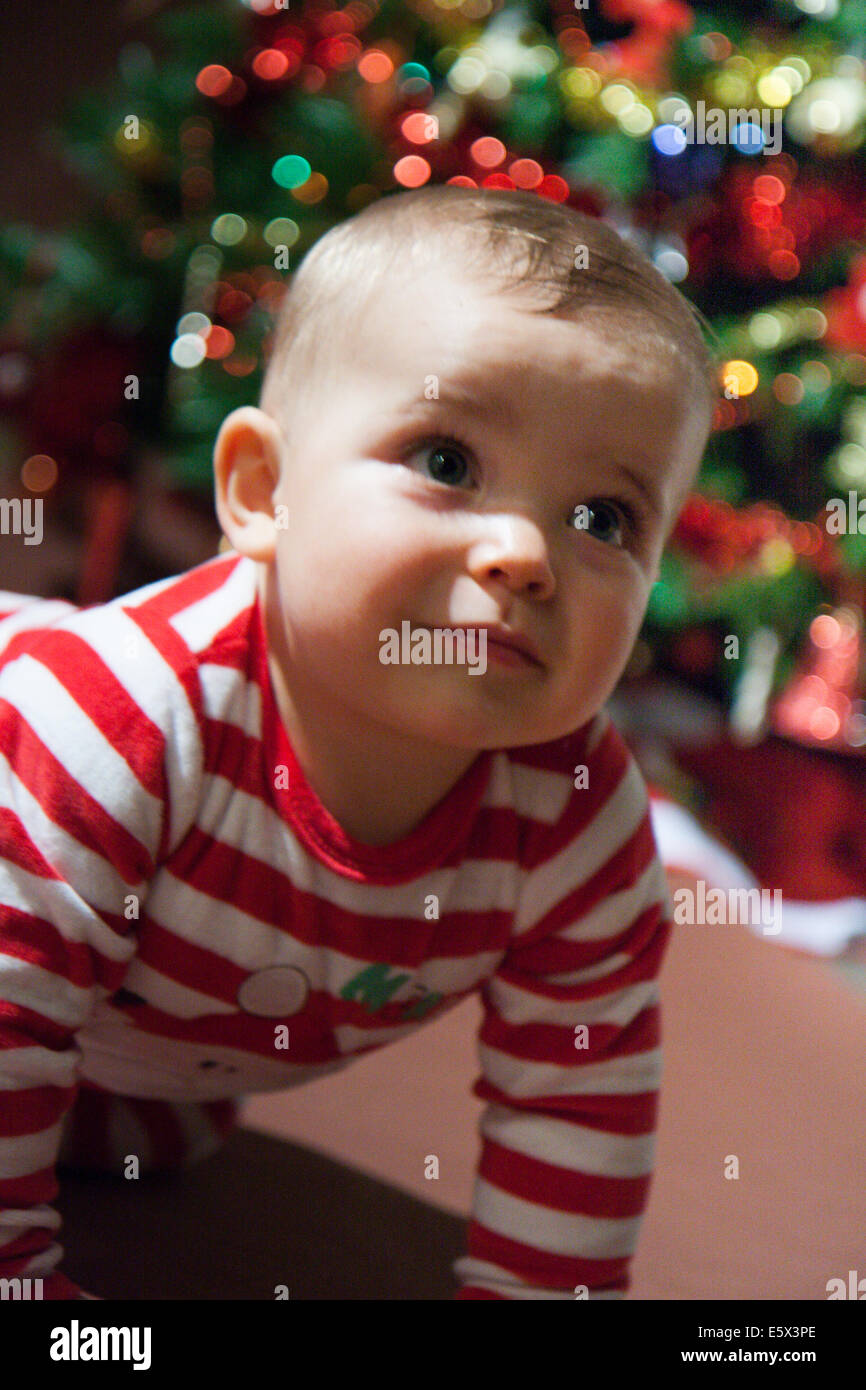 Baby-Noel, Weihnachtsfeiern in der Familie, Kinder und Baum Stockfoto