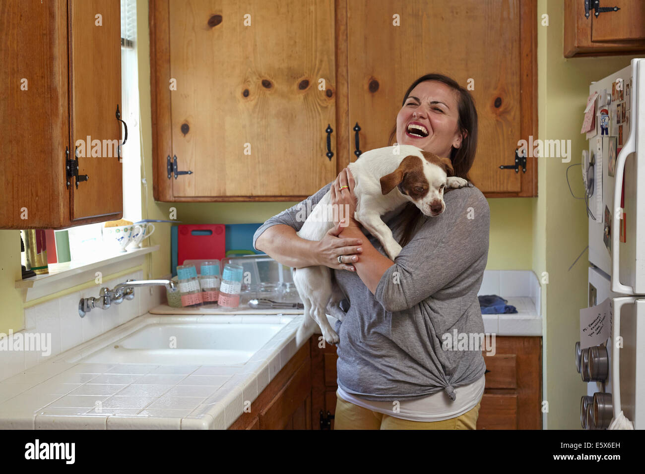 Mitte Erwachsene Frau tragen und streicheln Hund in Küche Stockfoto