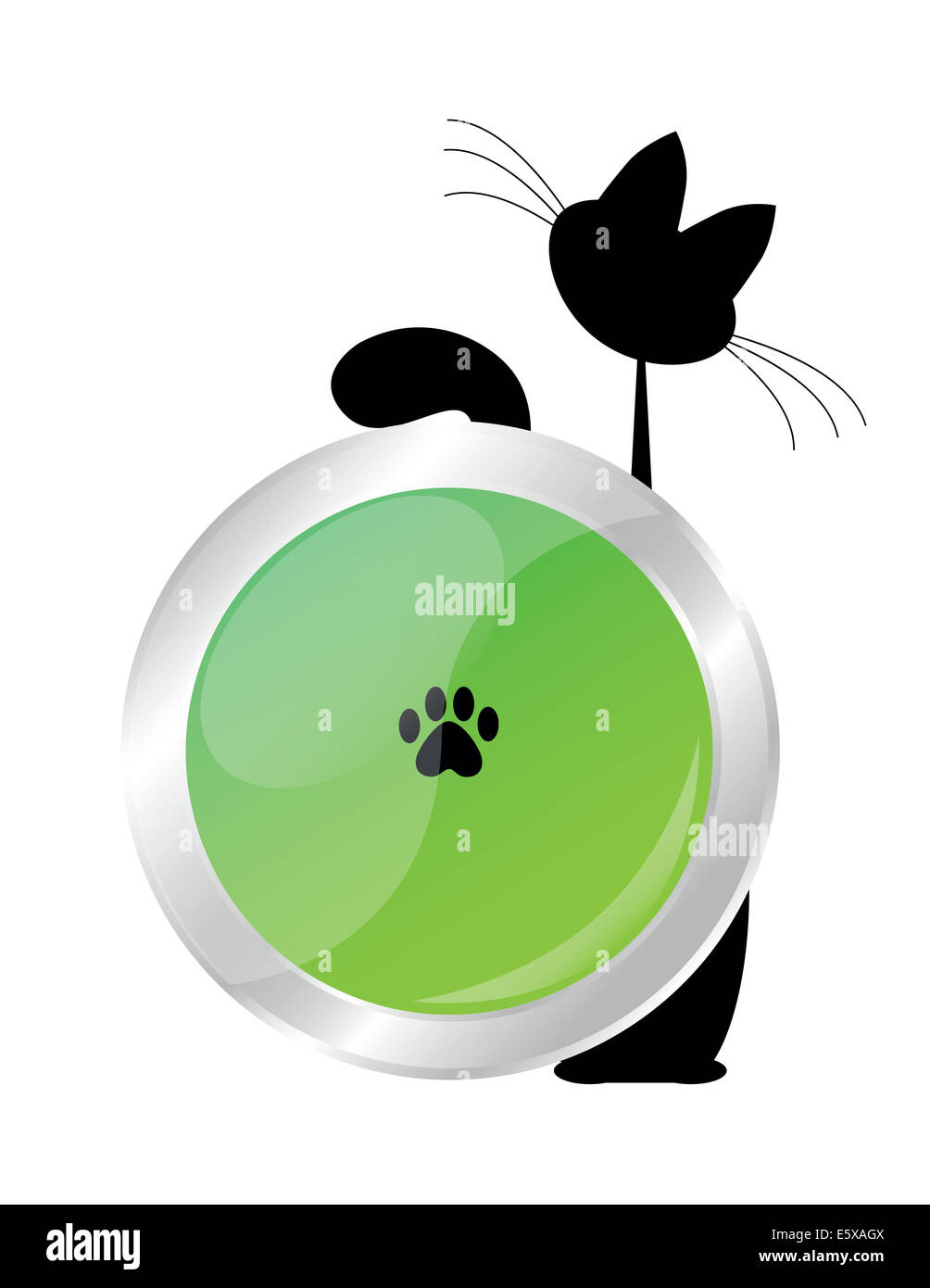 Katze und grüne Taste mit schwarzen Pfoten Stockfoto