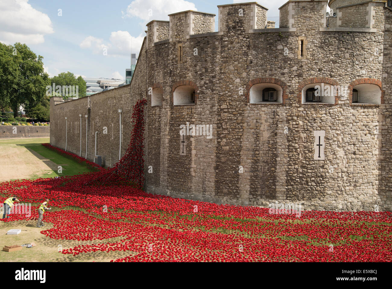 Mohnblumen bluten aus einer Bastion-Fenster an der Tower of London. Jede Mohn steht ein Soldat im 1. Weltkrieg verstorbenen Stockfoto