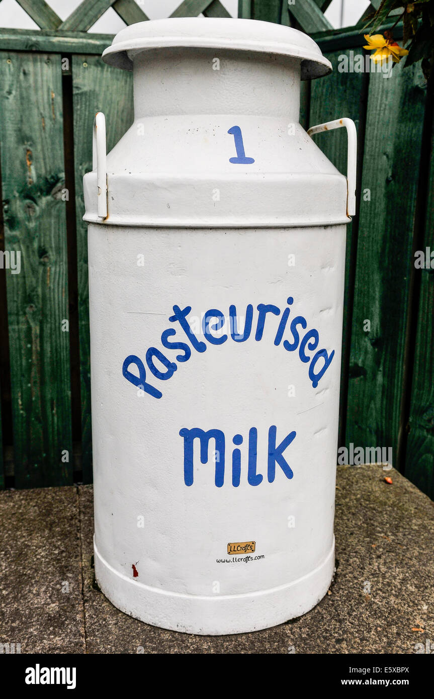 Milk Churn für pasteurisierte Milch. Stockfoto