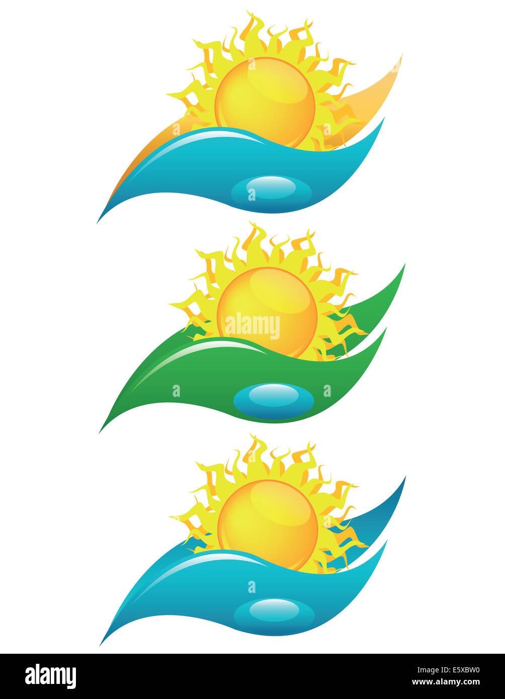 Sonne Symbole set mit abstrakten Sand, Welle, Pflanze Stockfoto