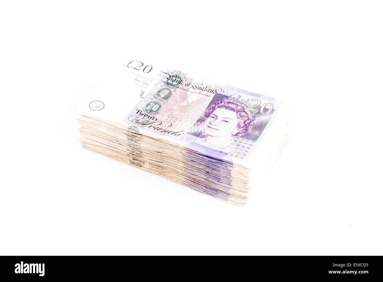 Britische Pfund-Banknoten auf weißem Hintergrund Stockfoto