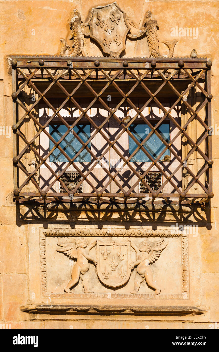 schöne Fenster und harten Schmiede mit Vögel in das Haus der Muscheln, Salamanca Spanien Stockfoto