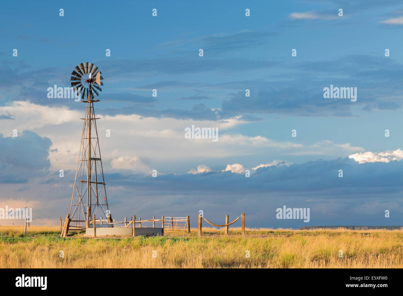 Windmühle mit Pumpe und Vieh Wassertank in kurzen Rasen Prärie, Pawnee National Grassland in Colorado in der Nähe von Grover Stockfoto
