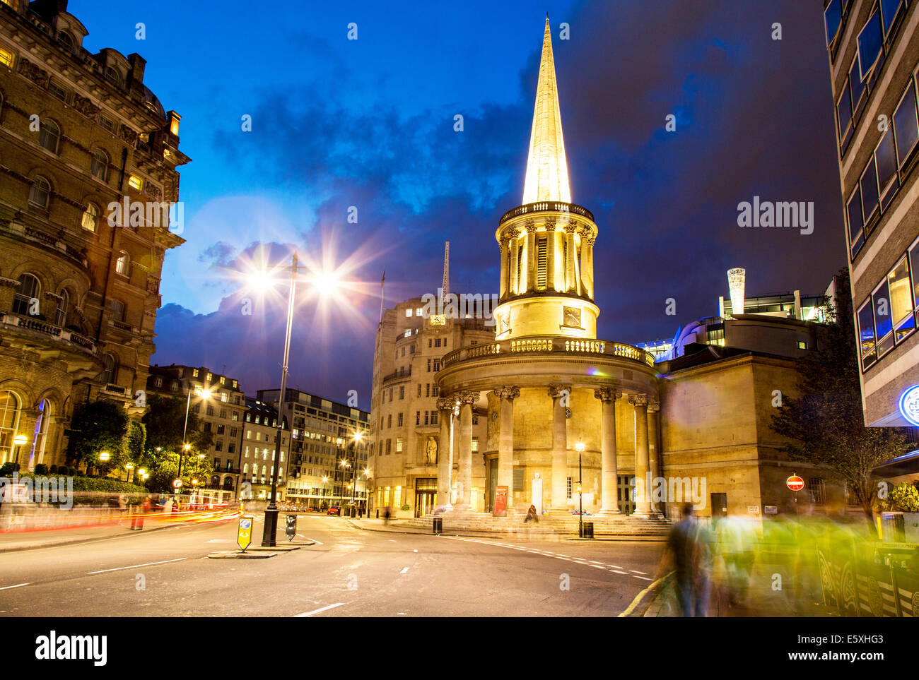 All Souls Church Langham Place Regent Street Nacht London UK Stockfoto