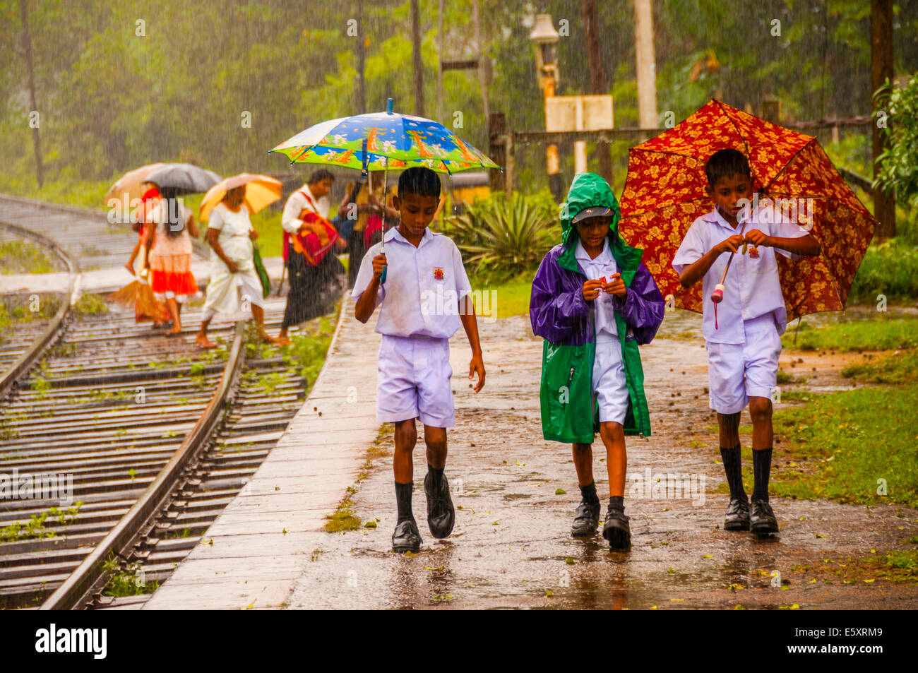 Sinhala Schülern mit Regenschirmen in Starkregen, Monsun, Zug-station, Kalawewa, Sri Lanka, Ceylon Stockfoto