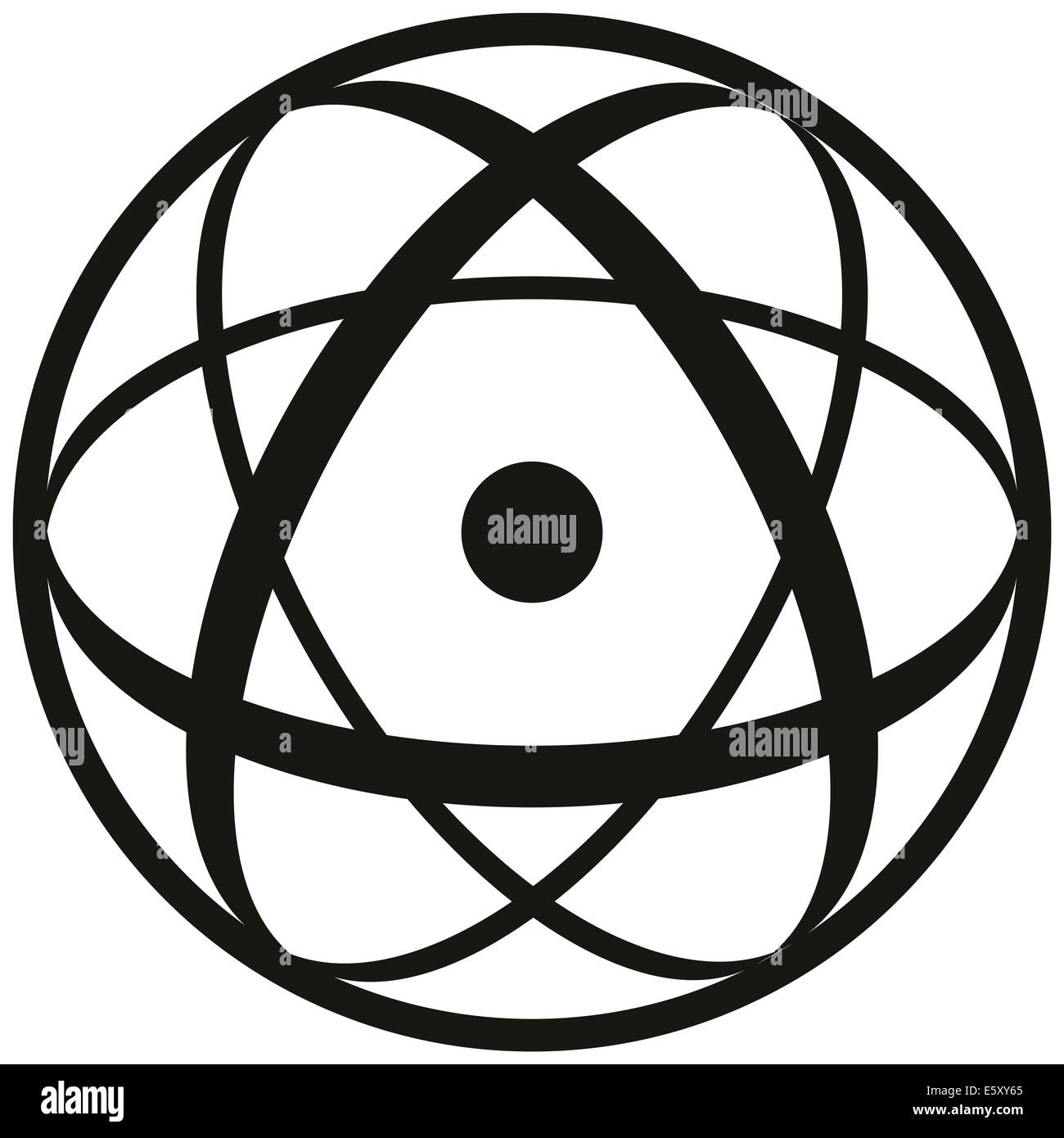 Atomare Symbol bestehend aus einem Kern in drei Ellipsen und eine Schale. Schwarz und weiß-Abbildung auf weißem Hintergrund. Stockfoto