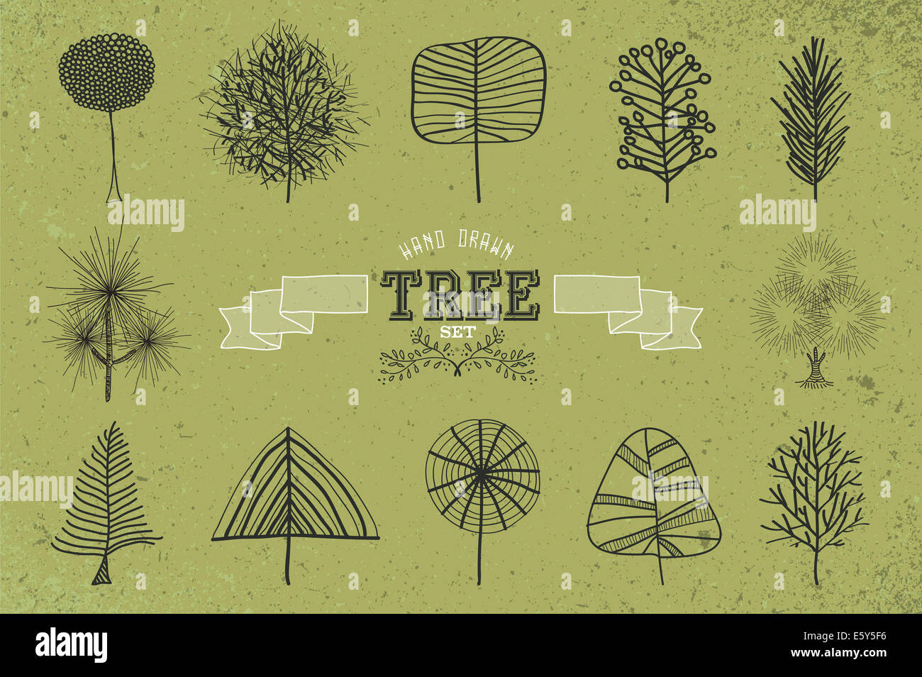 Einzigartige handgezeichnete retro Baum Icons Set. Vintage Label und grüne Grunge Hintergrund-Design. EPS10 Vektor-Datei in Schichten organisiert Stockfoto
