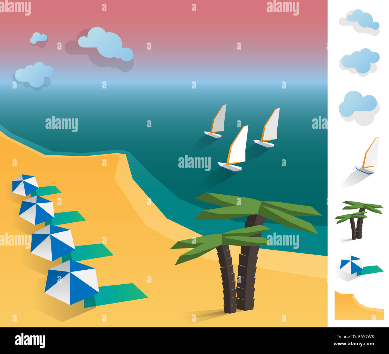 Geometrische Darstellung der exotischen Strand Landschaft an der Küste, mit bunten verwendet Elemente wie Wolke, Wind, Sand, Regenschirm Stockfoto