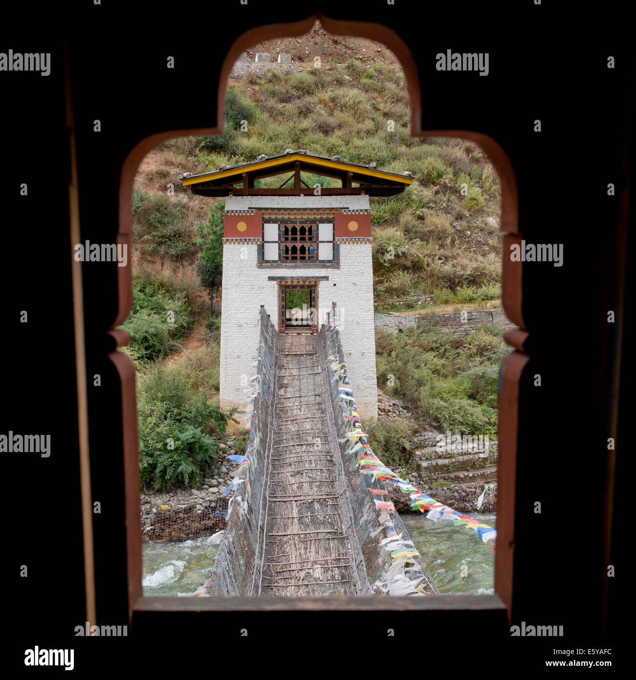 Eiserne Hängebrücke in Tamchhog Lhakhang, Bhutan Stockfoto