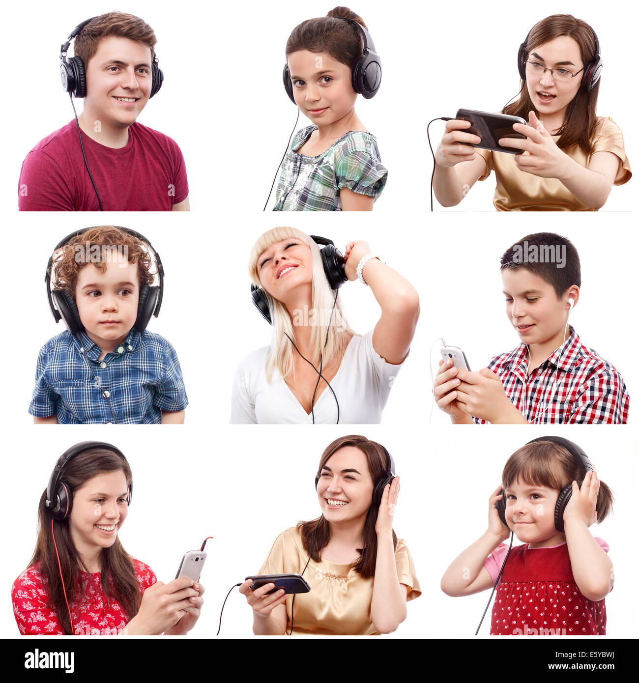 Porträts von verschiedenen lächelnden Menschen, die etwas über Kopfhörer hören Stockfoto