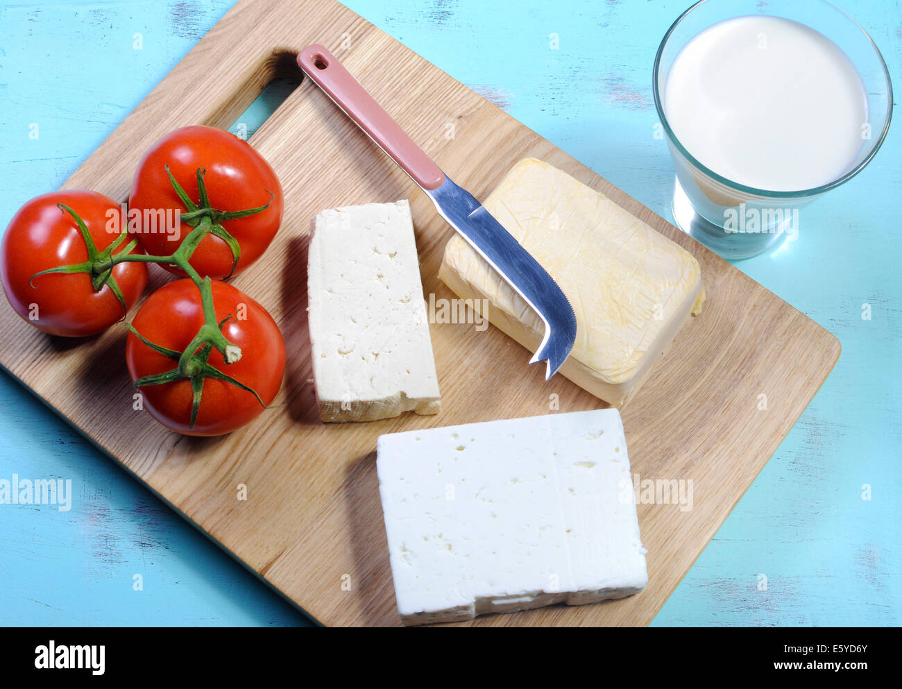 Gesunde Ernährung gesunde Ernährung Lebensmittelgruppe, freie Milchprodukte mit Sojamilch, Tofu, Soja-Käse und Ziegenkäse - Antenne Stockfoto