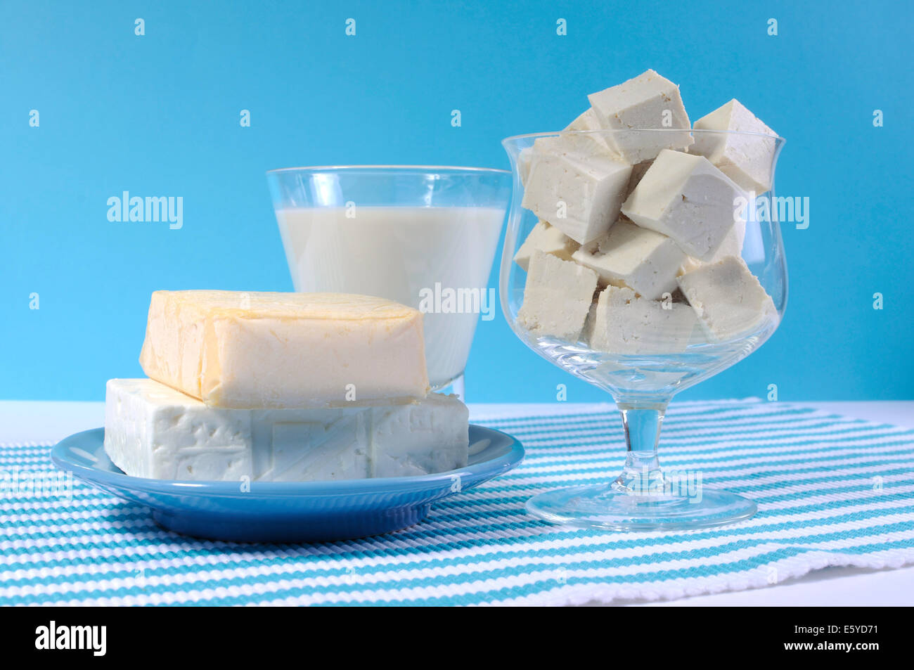 Gesunde Ernährung gesunde Ernährung Lebensmittelgruppe, freie Milchprodukte mit Sojamilch, Tofu, Soja-Käse und Ziegenkäse Stockfoto
