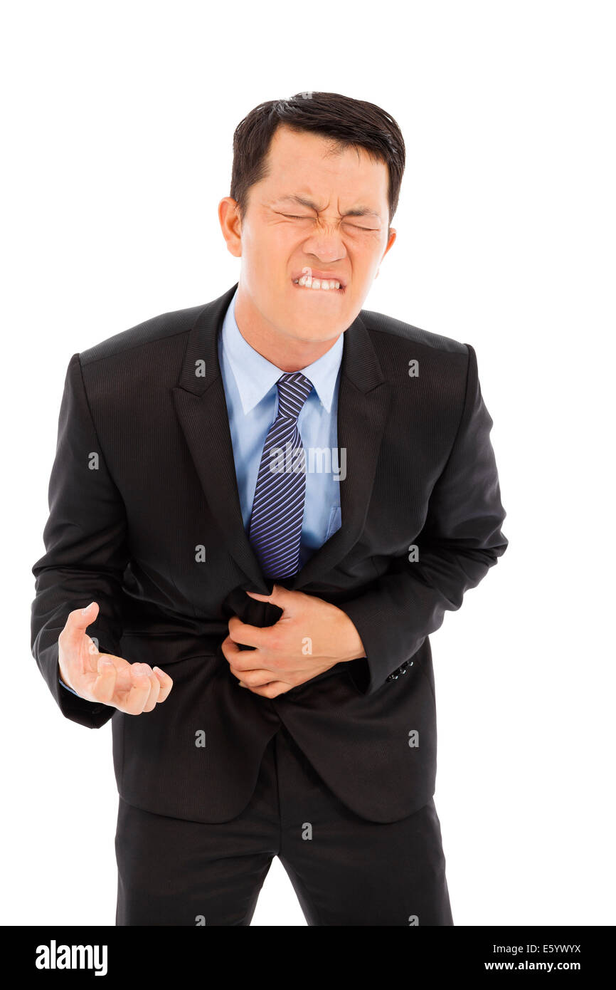 Unternehmer haben Magenschmerzen isoliert auf weißem Hintergrund Stockfoto