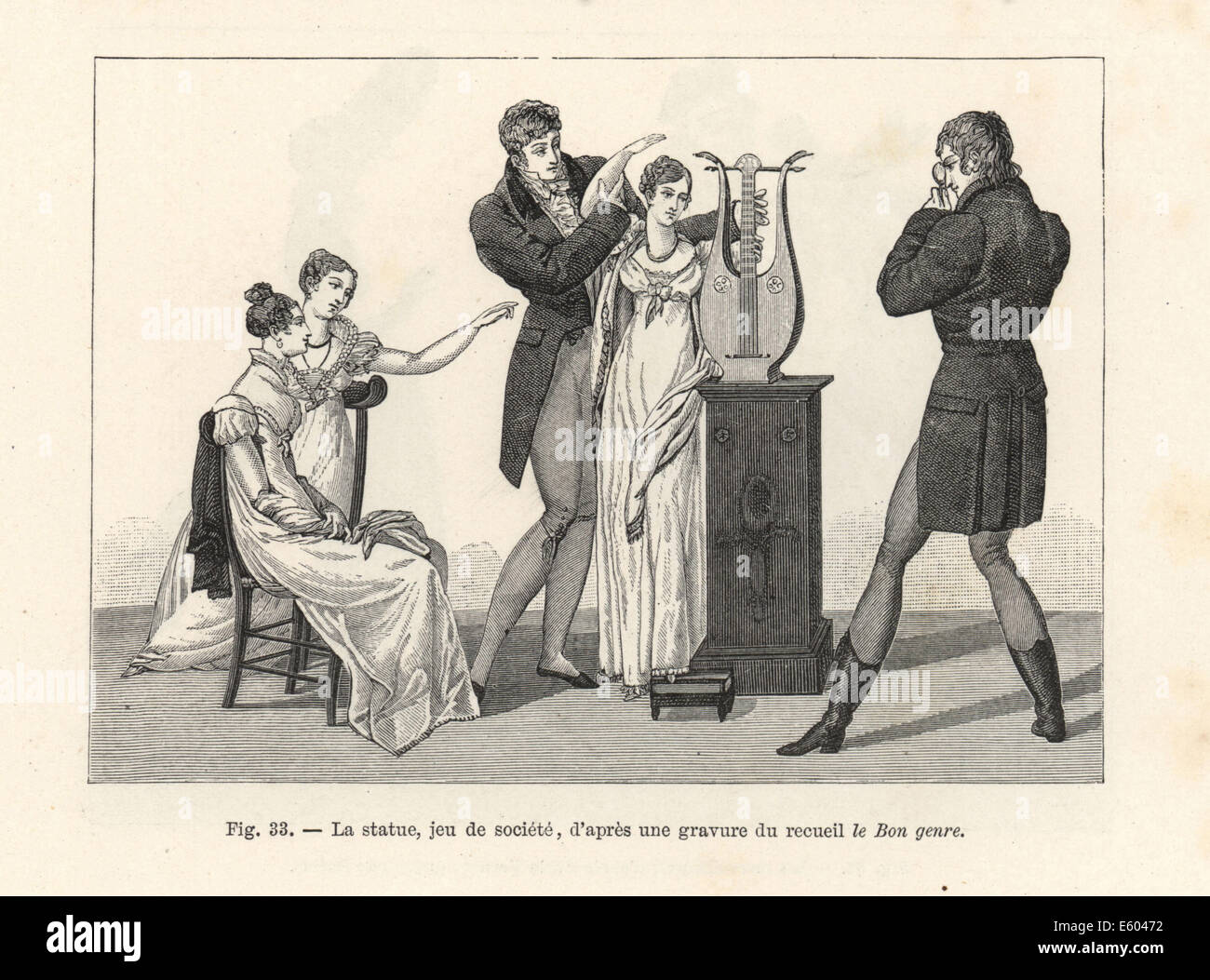 Modische Männer und Frauen posieren in die Statue, ein Gesellschaftsspiel. Stockfoto