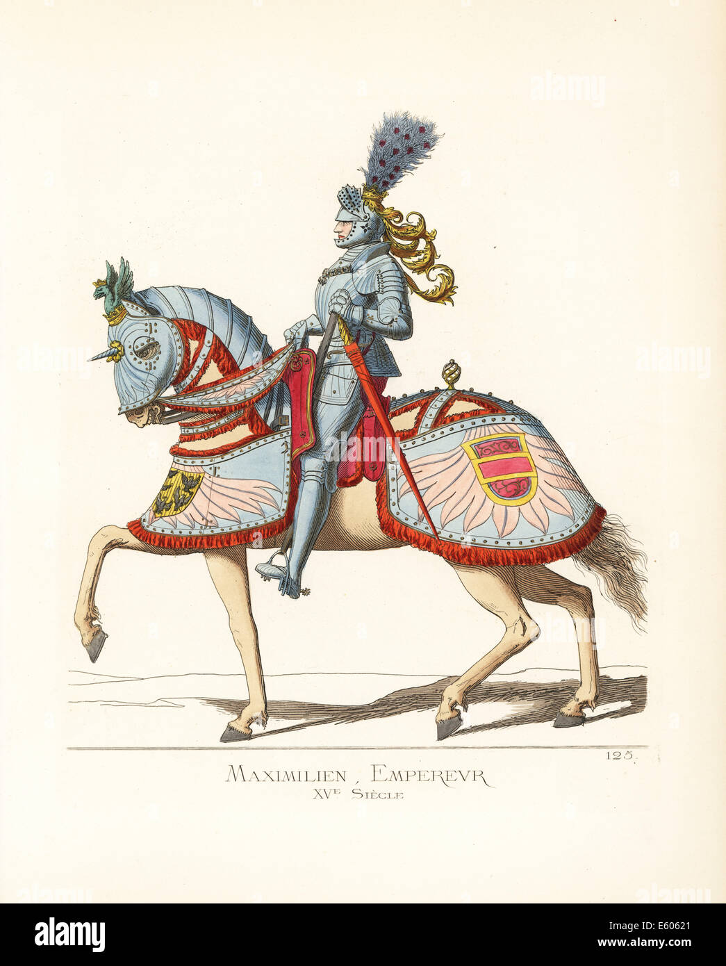 Maximilian I, Heiliger römischer Kaiser, in Anzug von Rüstungen und gefiederte Helm. Stockfoto