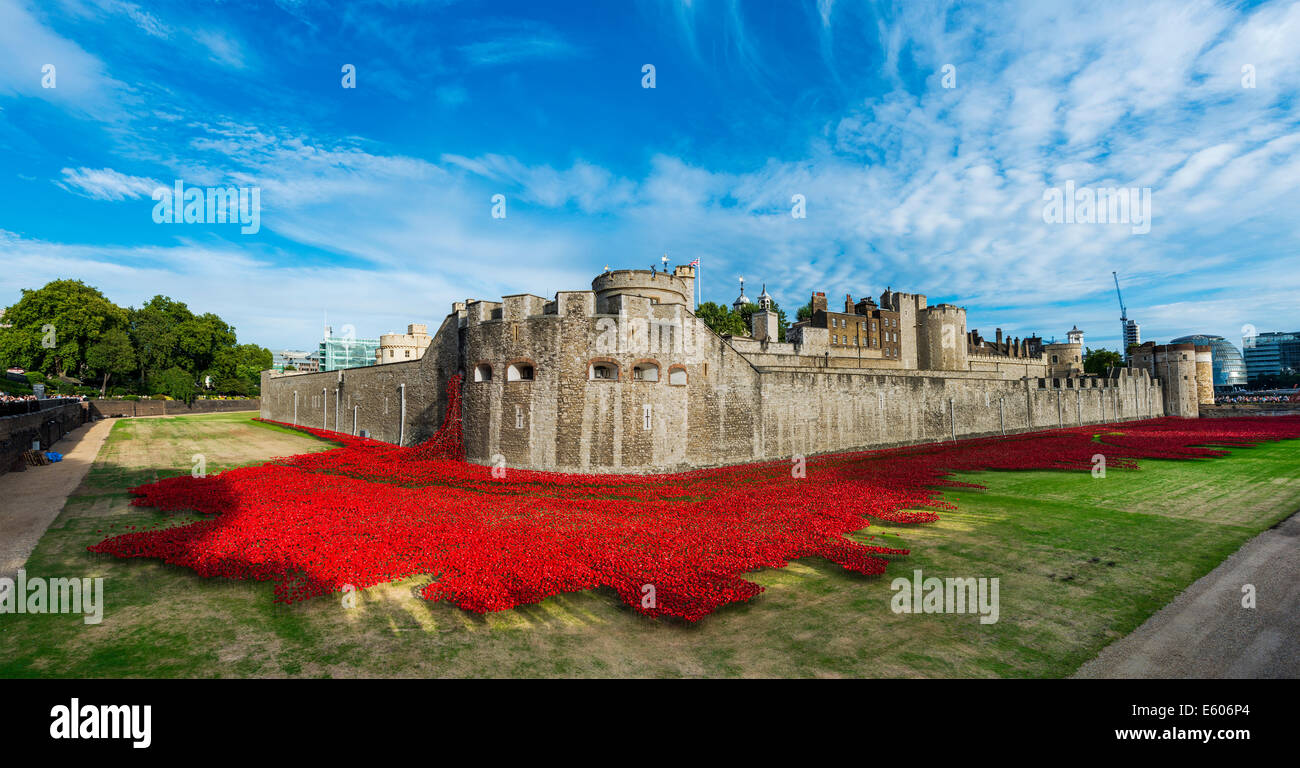 Anlässlich die Hundertjahrfeier des ersten Weltkrieges wurden Tausende von Keramik Mohnblumen in den Wassergraben des Tower of London platziert Stockfoto