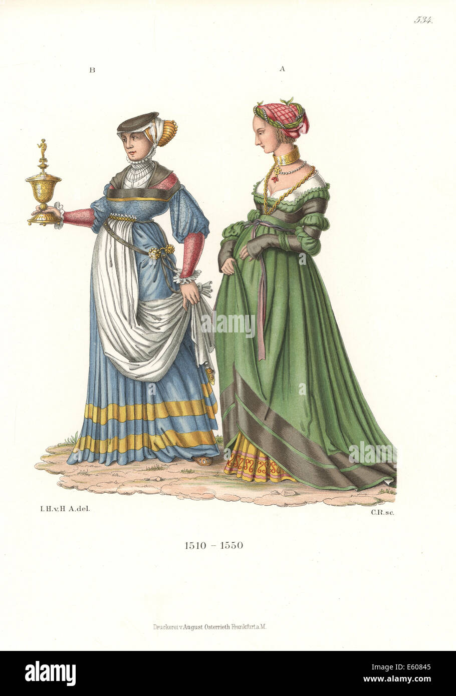 Schweizer Frauen Kostüme von 1510-1550. Stockfoto