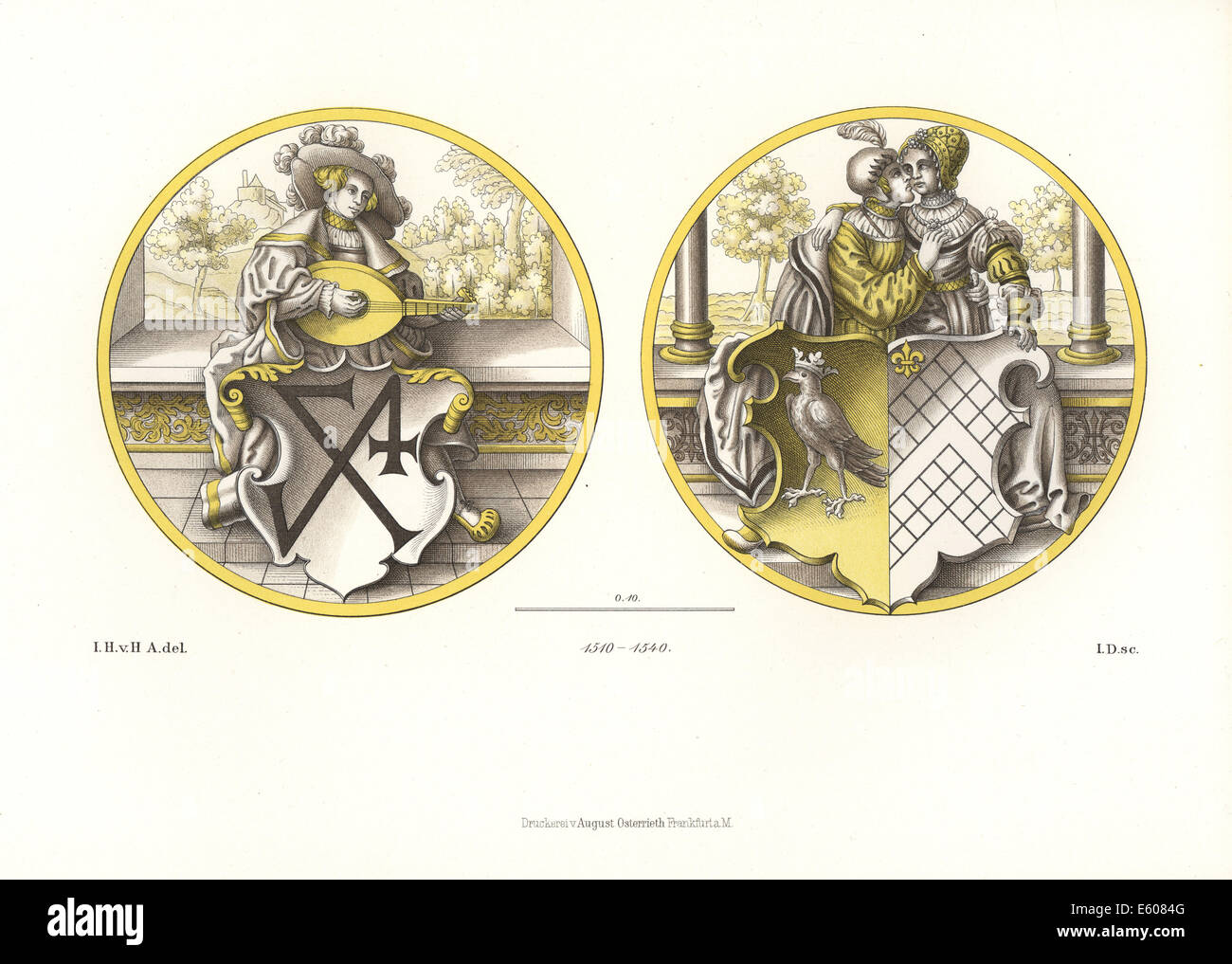 Glasgemälde zeigen Wappen mit Lautenspieler, 16. Jahrhundert. Stockfoto