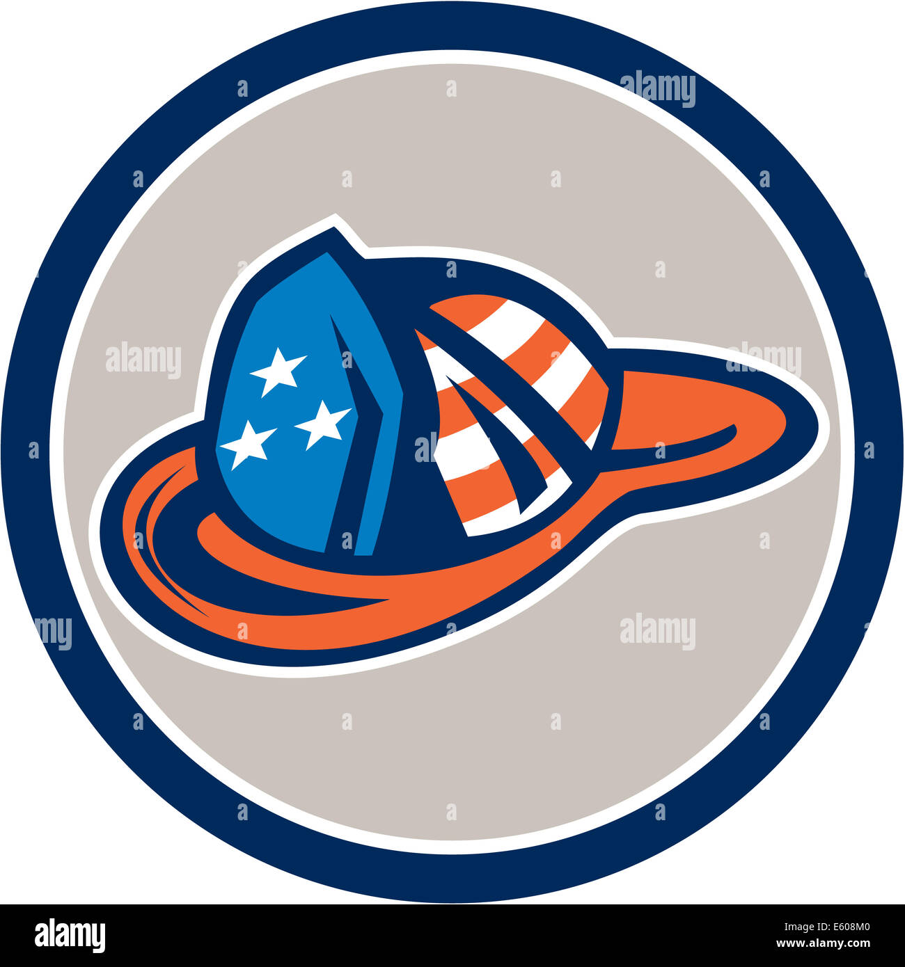 Beispiel für einen Feuerwehrmann Hut Helm mit Usa Sterne und Streifen design-Set im inneren Kreis auf isolierten weißen Hintergrund getan im retro-Stil. Stockfoto
