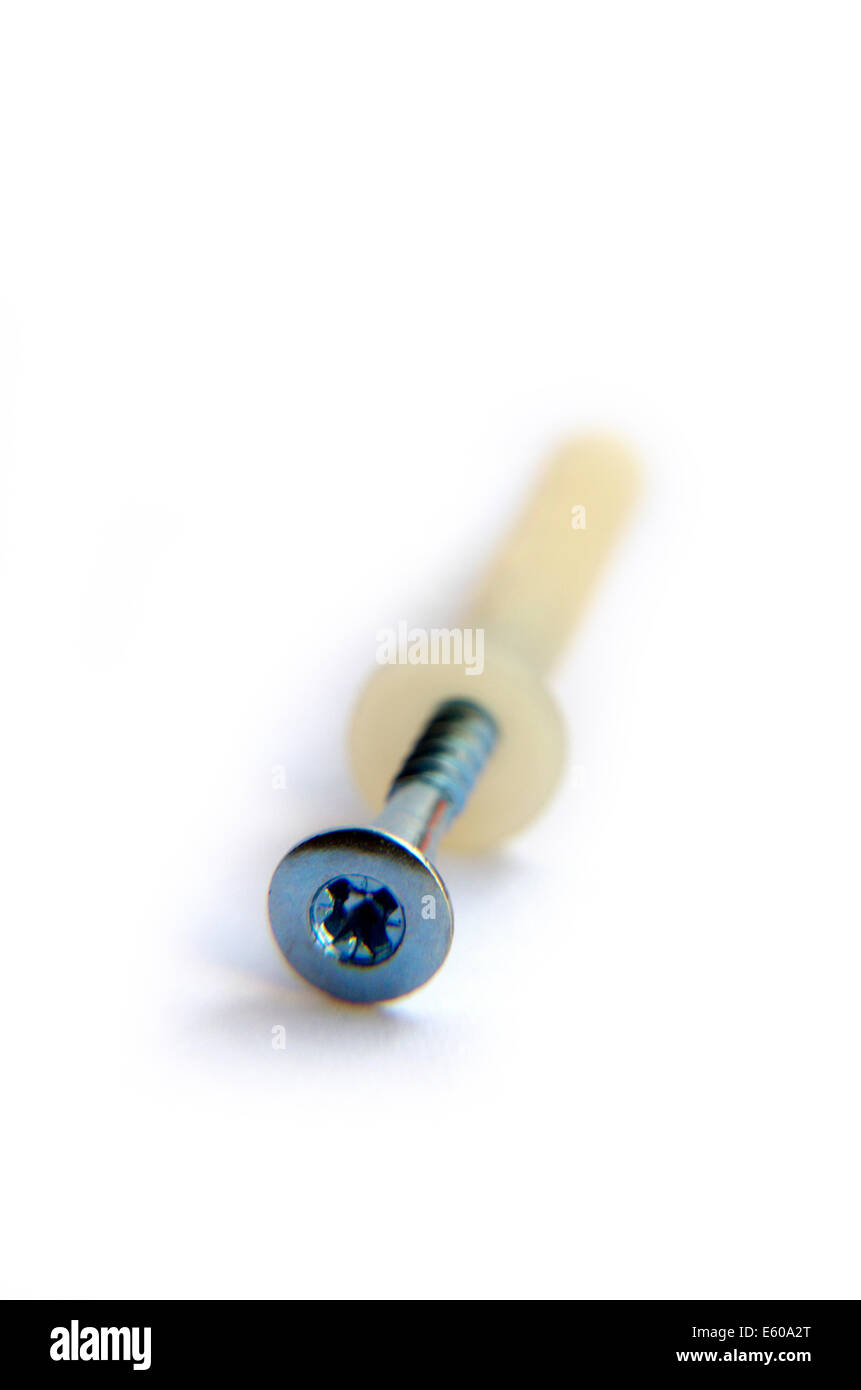 Kunststoff-Dübel mit Schraube, Isolated On White Background Stockfoto
