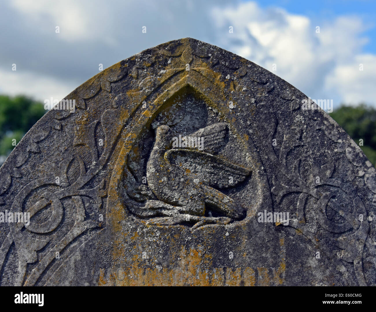 Grabstein mit Taube und Olivenzweig Design. Kirche des Heiligen Johannes des Täufers. Croglin, Cumbria, England, Vereinigtes Königreich. Stockfoto