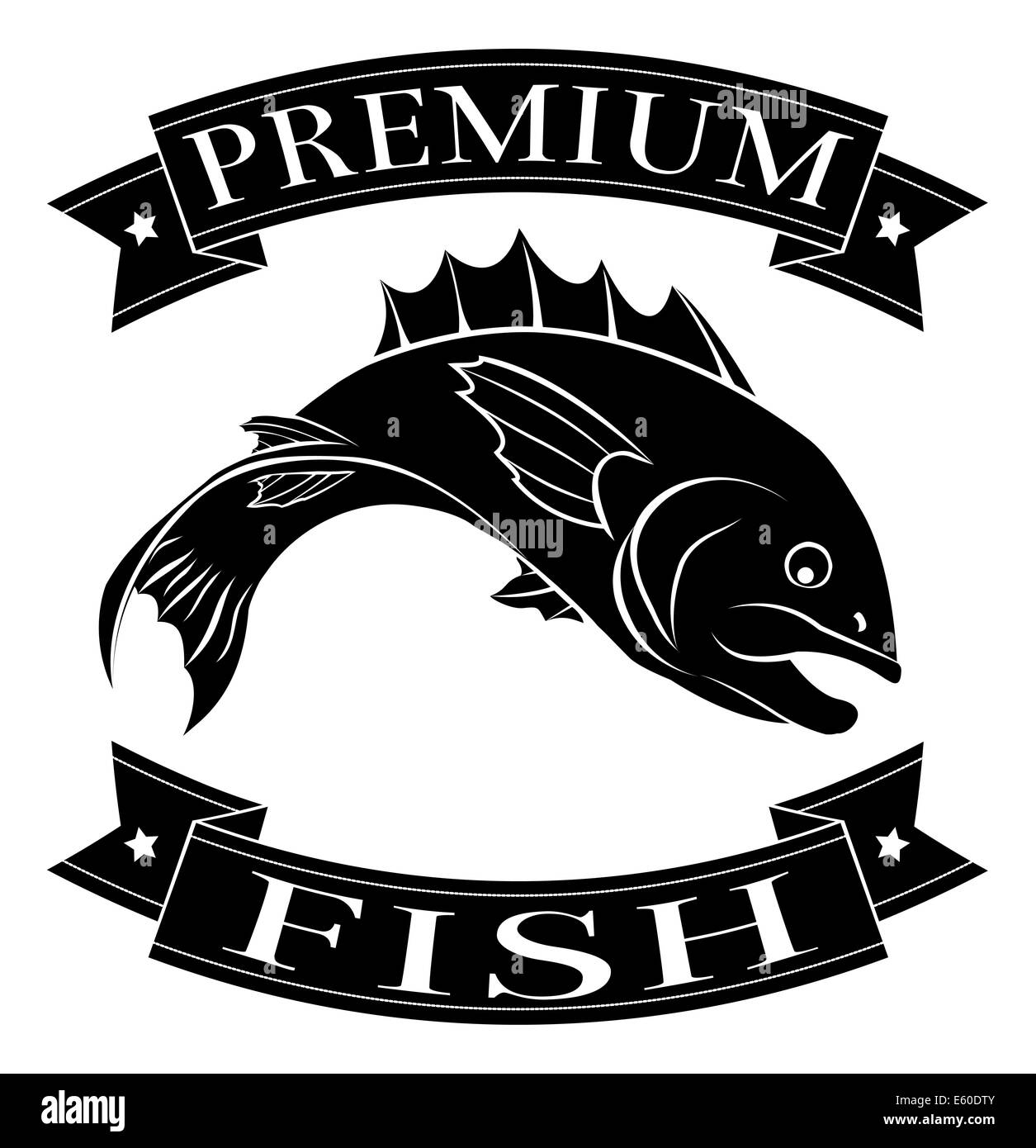 Fisch oder Meeresfrüchte essen Premiumlabel mit einer Illustration eines Fisches Stockfoto