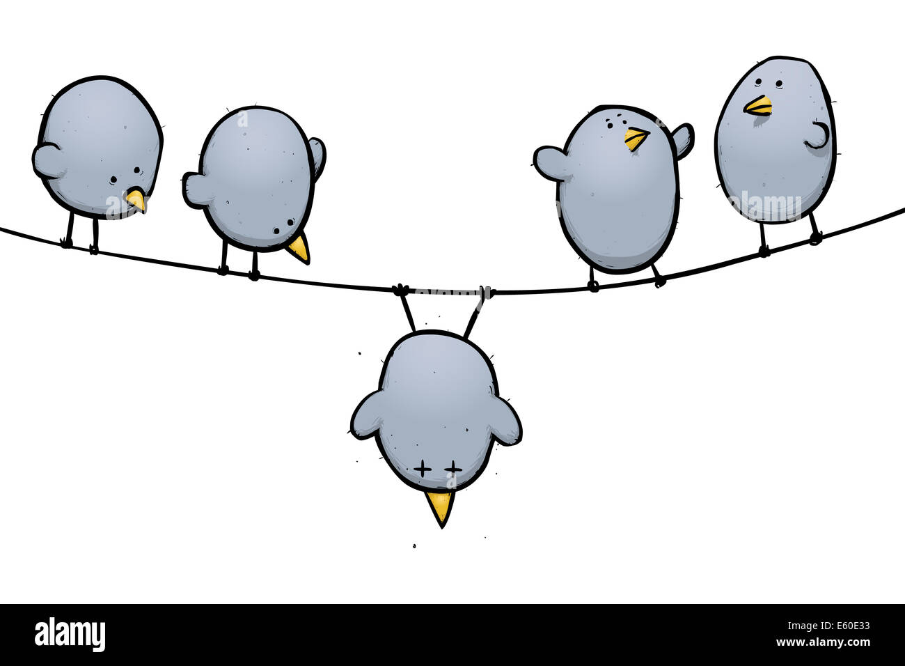 Abbildung eines unglücklichen Vogel im Zentrum der Aufmerksamkeit von seinen Freunden. Stockfoto