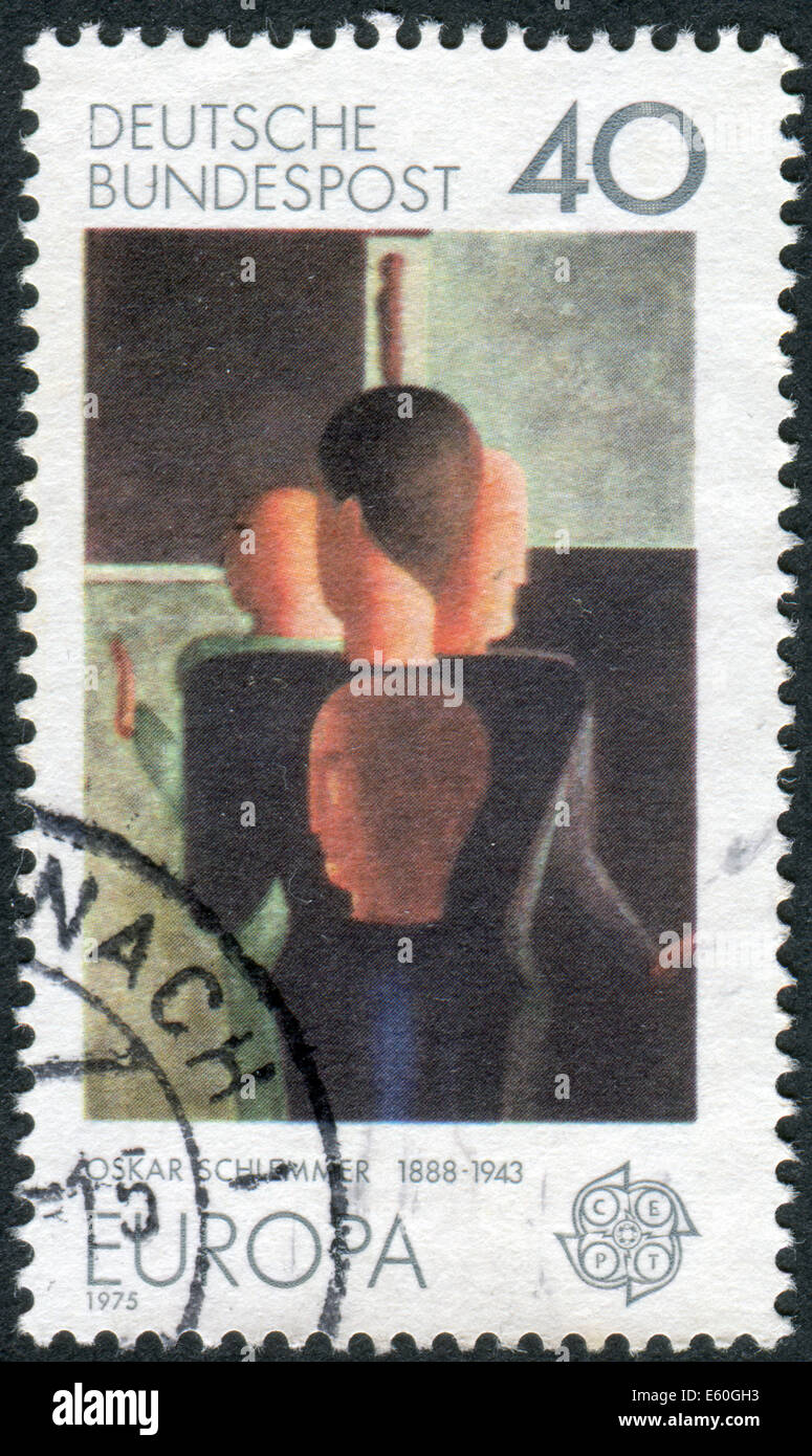 Briefmarke gedruckt in Deutschland, zeigt konzentrisch Gruppe Gemälde von Oskar Schlemmer und CEPT-emblem Stockfoto