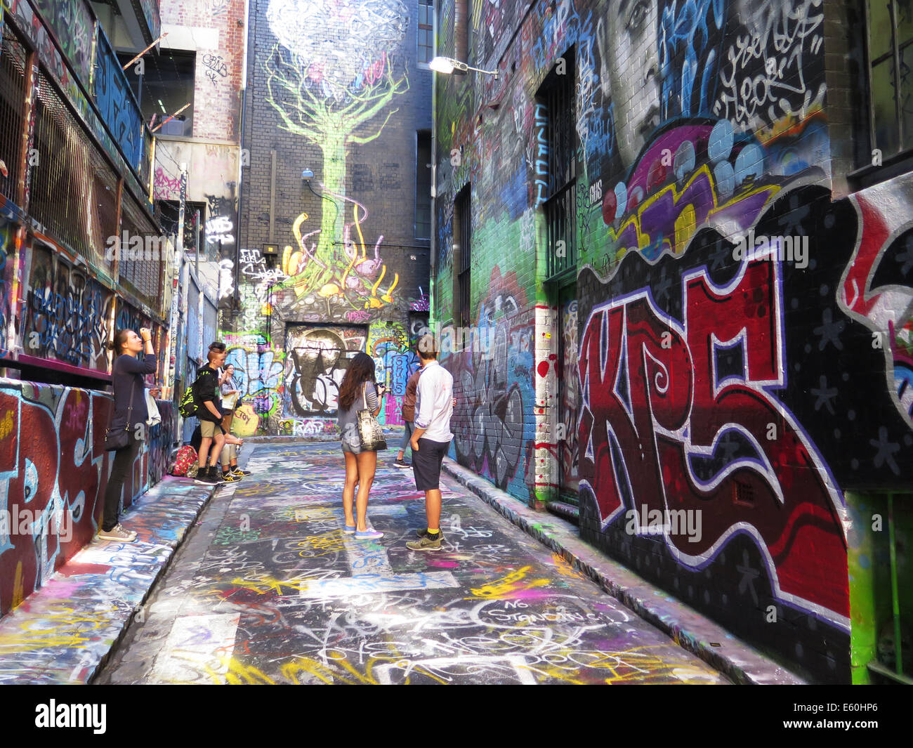 Street Art in Strumpfwaren Lane, Melbourne, Victoria, Australien. Mit graffiti Stockfoto