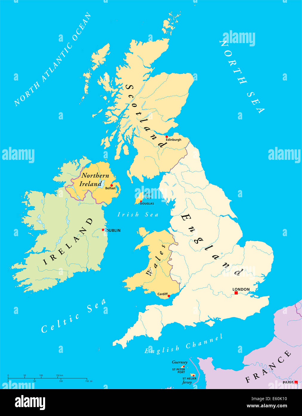Britischen Inseln Landkarte - Karte der britischen Inseln mit Kapitellen, Ländergrenzen, Flüssen und Seen. Abbildung mit englischer Beschriftung. Stockfoto