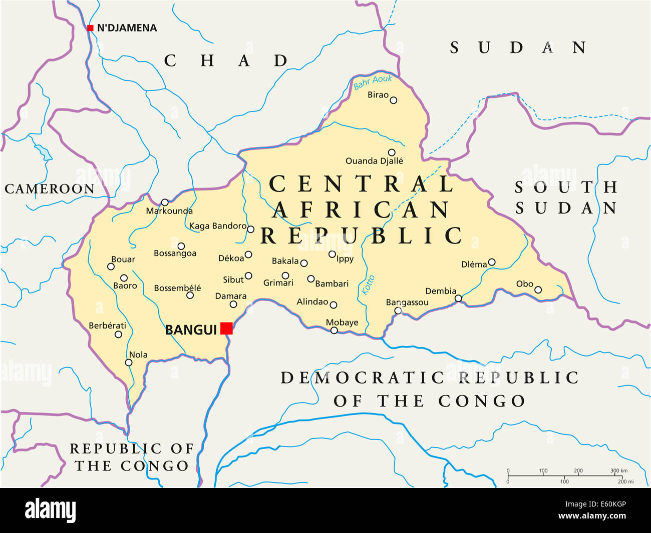 Politische Landkarte Zentralafrikanische Republik Stockfoto