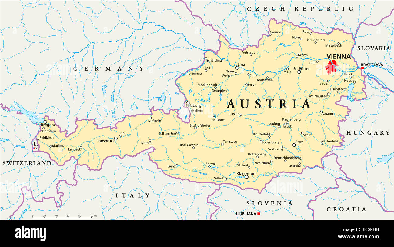 Politische Karte von Österreich Stockfoto