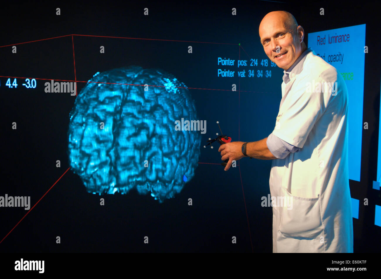 Porträt von einem Facharzt zeigt auf den Bereich, wo die Alzheimer-Krankheit auf eine virtuelle 3D Bild des Gehirns befindet Stockfoto