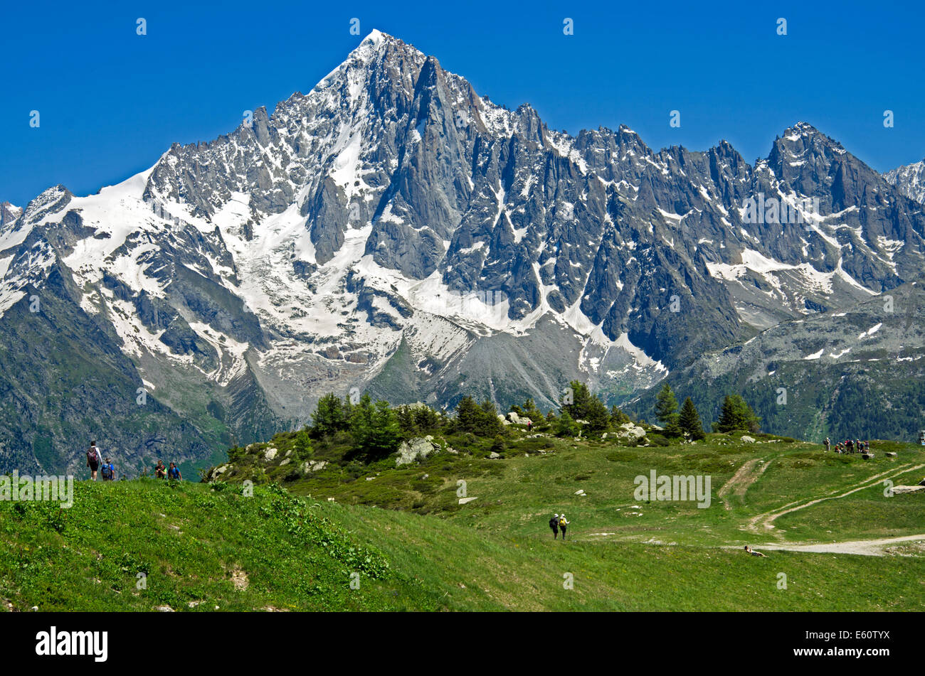 Die Aiguille Verte gesehen von Planpraz auf der gegenüberliegenden Seite des Tales Chamonix in Haute Savoie, Frankreich. Stockfoto