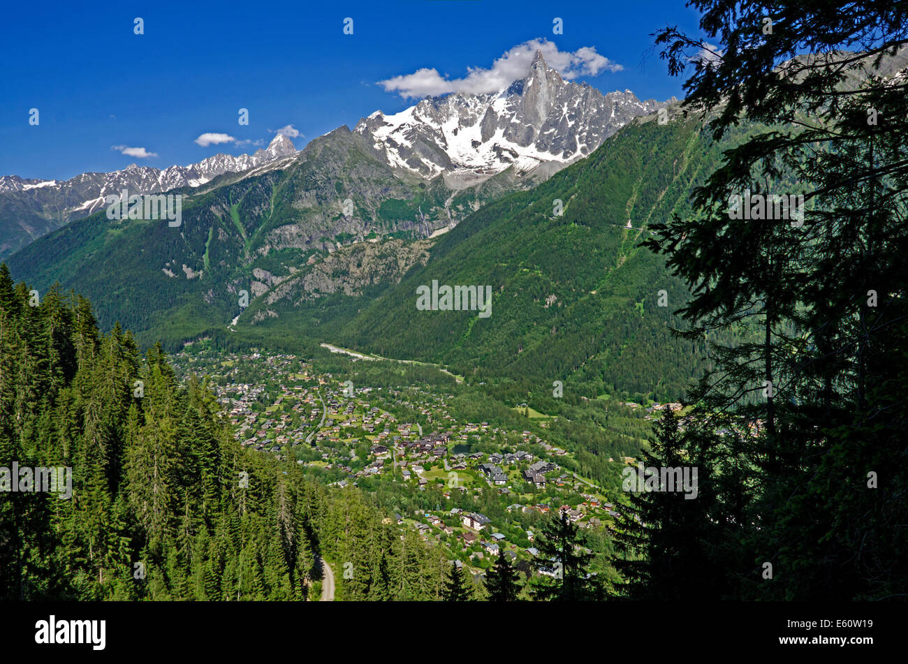 Französische AlpenDie Chamonix-Tal, von dem Weg bis zum Planpraz gesehen. Stockfoto