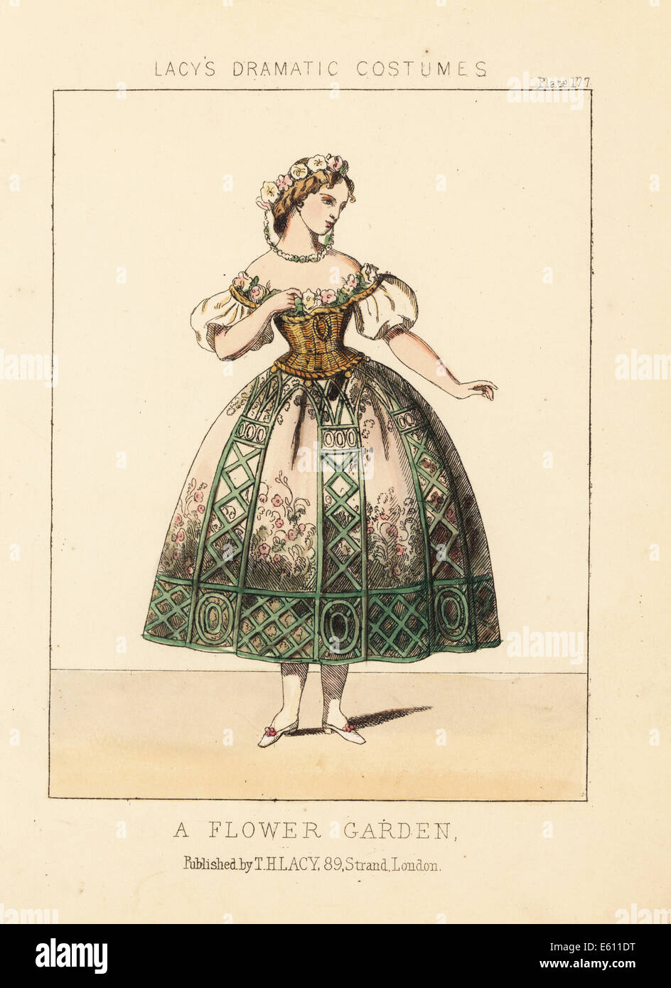 Frau im Kleid, ausgefallene oder theatralische Kostüm Blumengarten, 19. Jahrhundert. Stockfoto