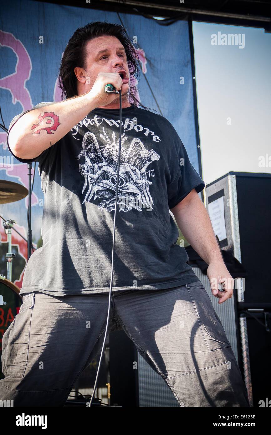 Clarston, MI, USA. 17. Juli 2014. GEORGE FISHER von Cannibal Corpse führt beim Rockstar Mayhem Festival in DTE Energy Musiktheater in Clarkston, MI. © Alexis Simpson/ZUMA Draht/Alamy Live News Stockfoto