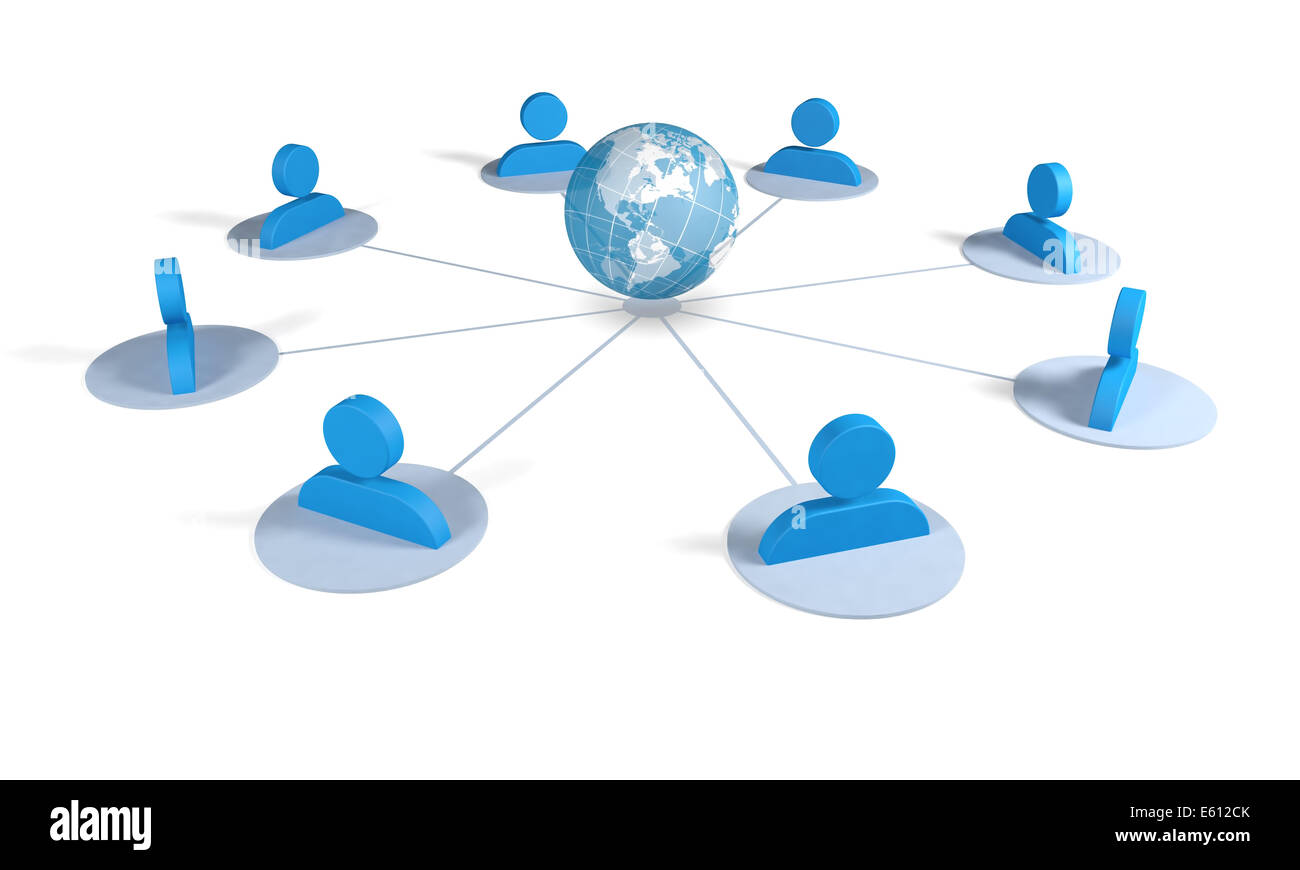 Silouette der Männer miteinander verbunden, um ein weltweites Netzwerk mit Verbindungen zu den Planetenerde zu bilden Stockfoto