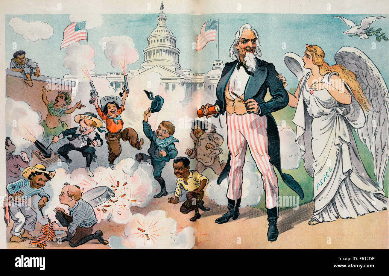 Ein Fehlalarm auf das vierte Uncle Sam hält einen Feuerwerkskörper, beruhigend, einen betroffenen suchen Abbildung gekennzeichneten Frieden - politische Karikatur, 1902 Stockfoto